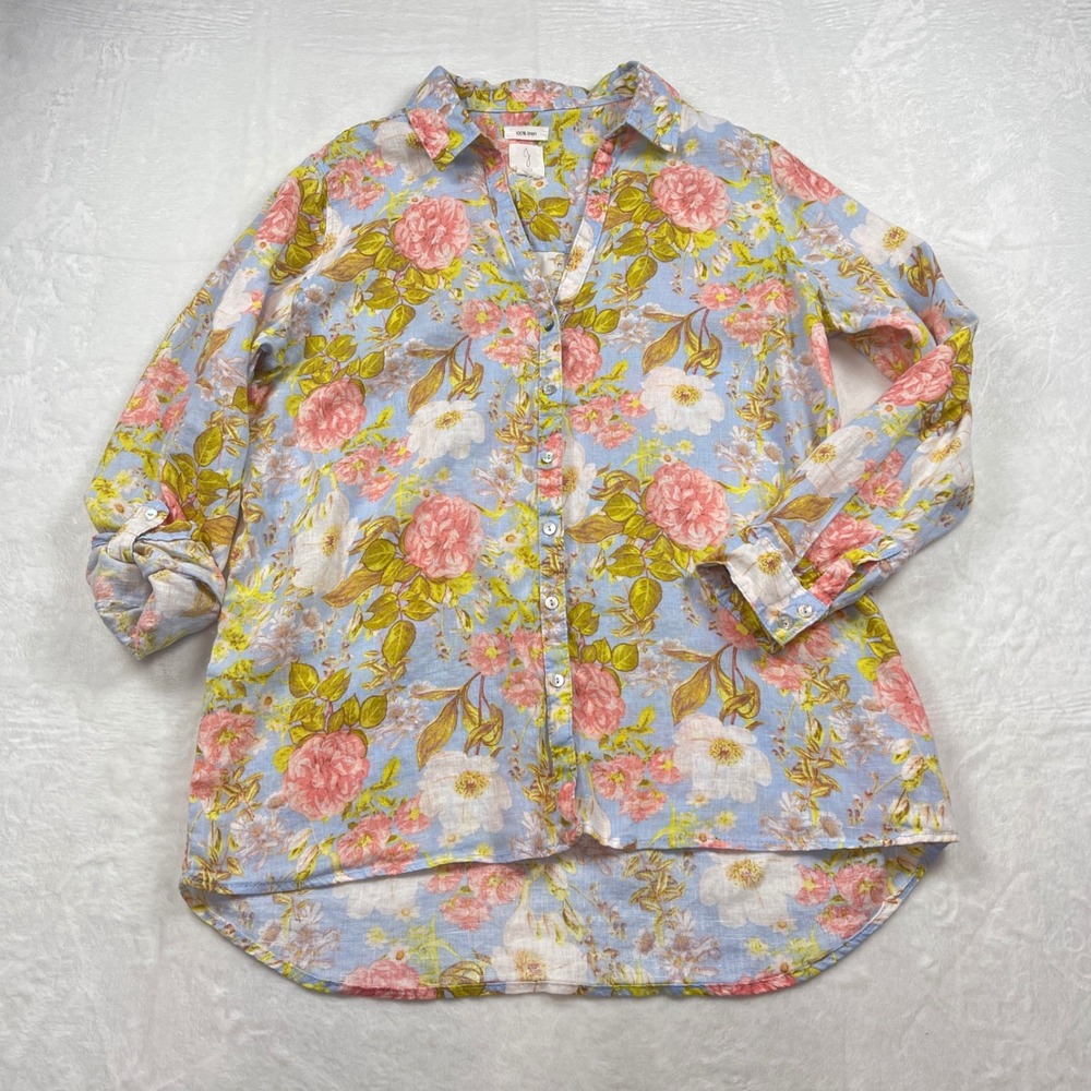 Joie 100%‎ Linen Floral Button Down Shirt High Low Hem Top Womens Garden Party